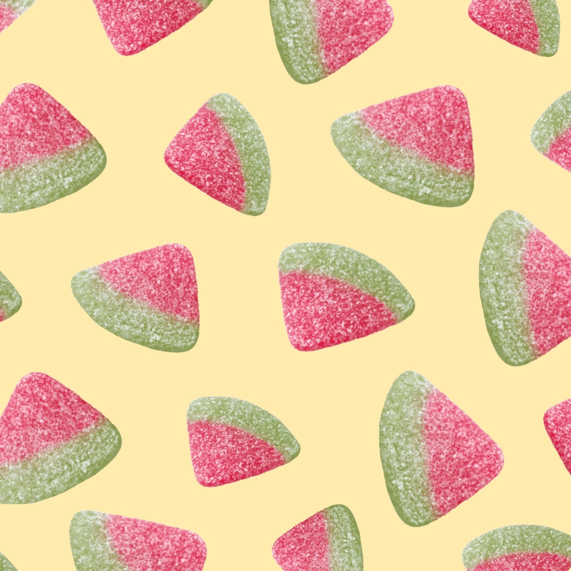Pattern of pink and green triangular candies on a yellow background