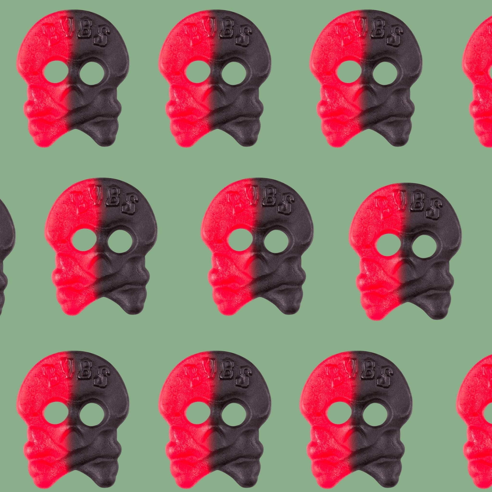 Pattern of red and black masks with 'BUBS' branding on a green background