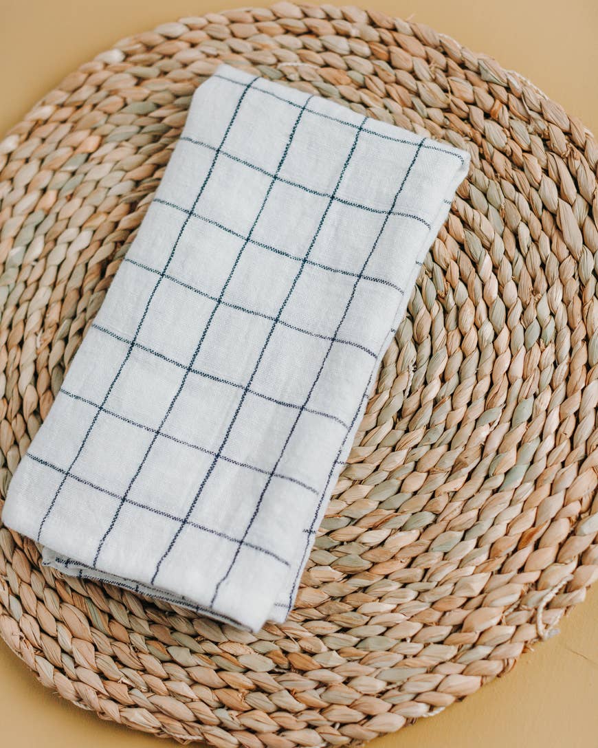 Stone Washed Linen Hemmed Dinner Napkin: Taupe Windowpane