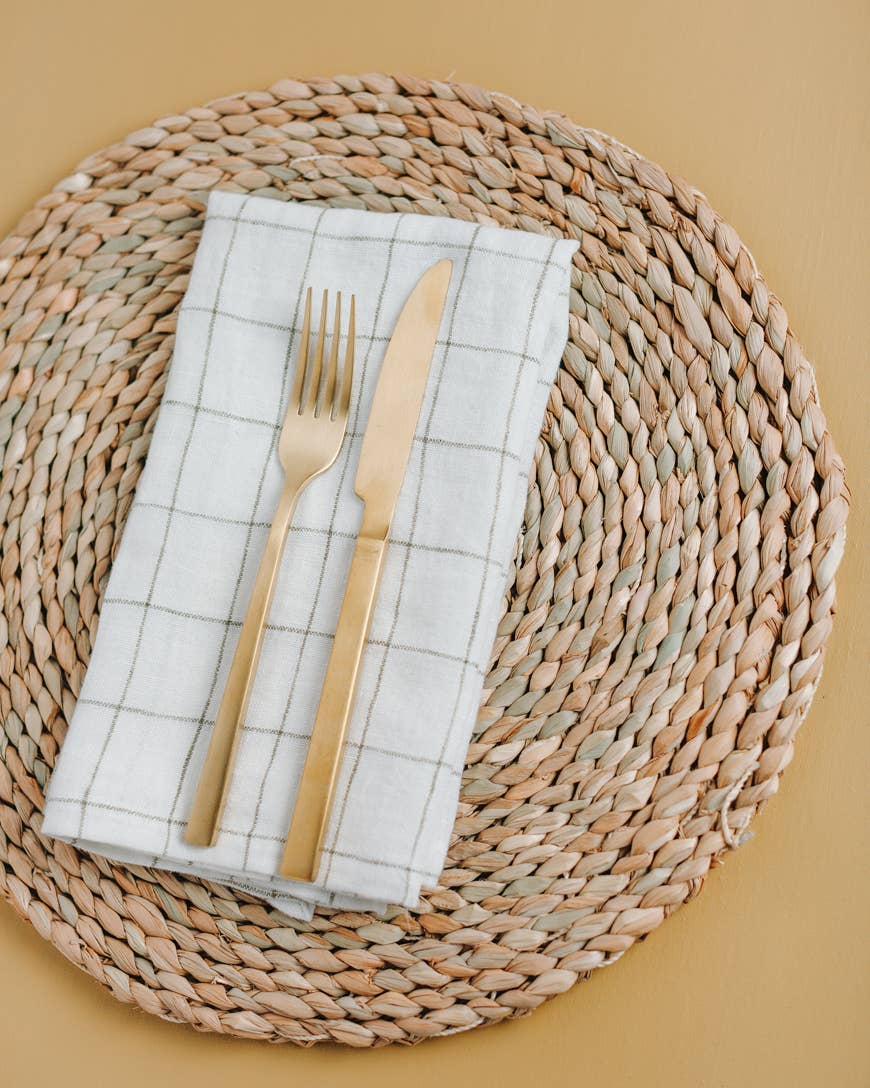 Stone Washed Linen Hemmed Dinner Napkin: Taupe Windowpane