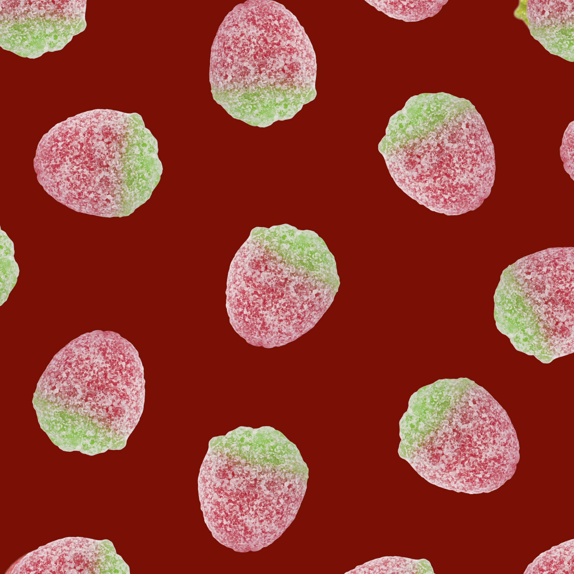 Pattern of red and green gummy bears on a red background
