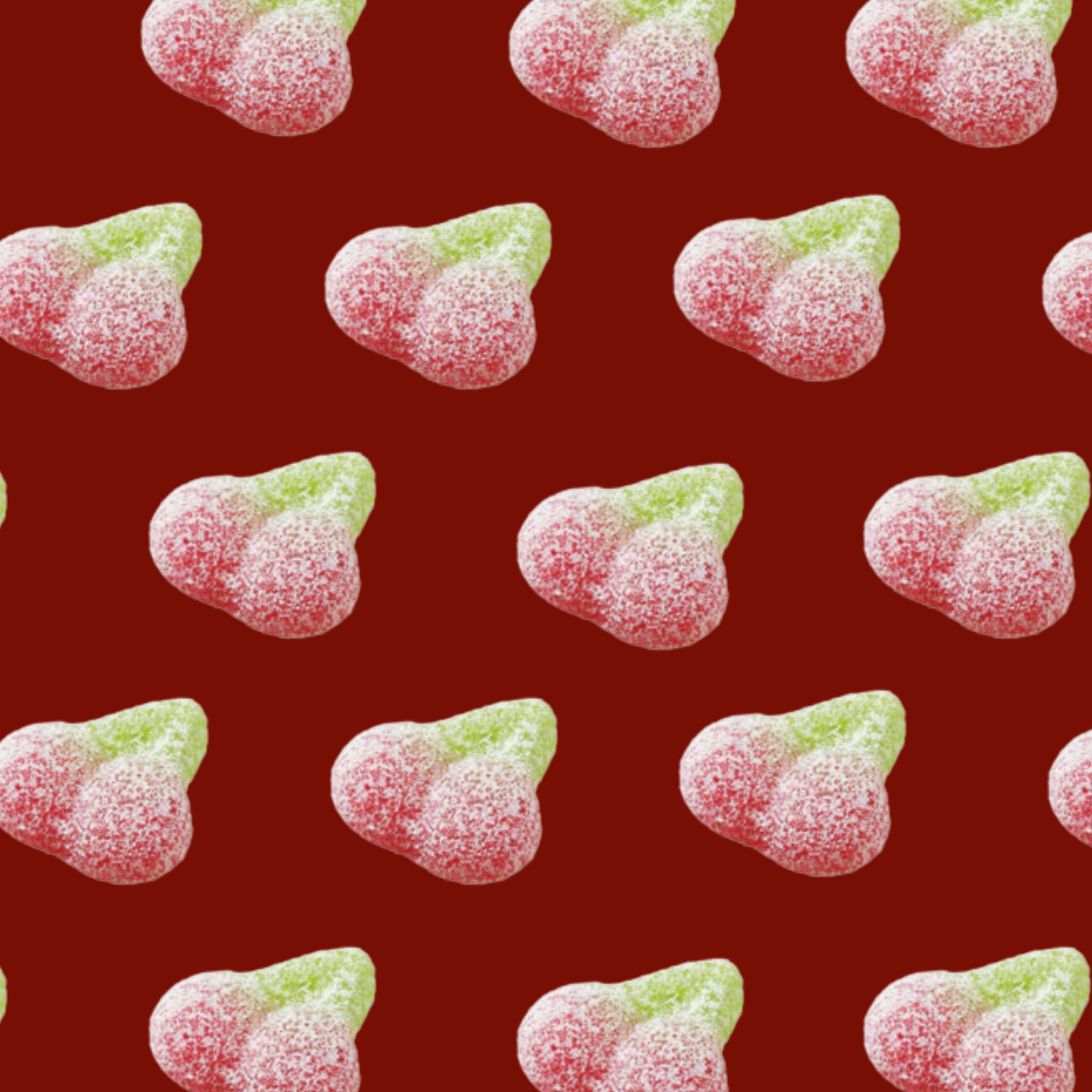 Pattern of red and green gummy bears on a red background