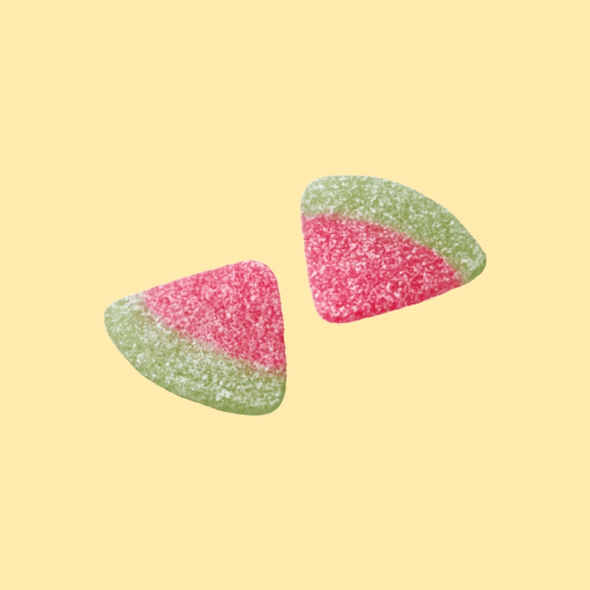 Two triangular watermelon-shaped candies on a yellow background