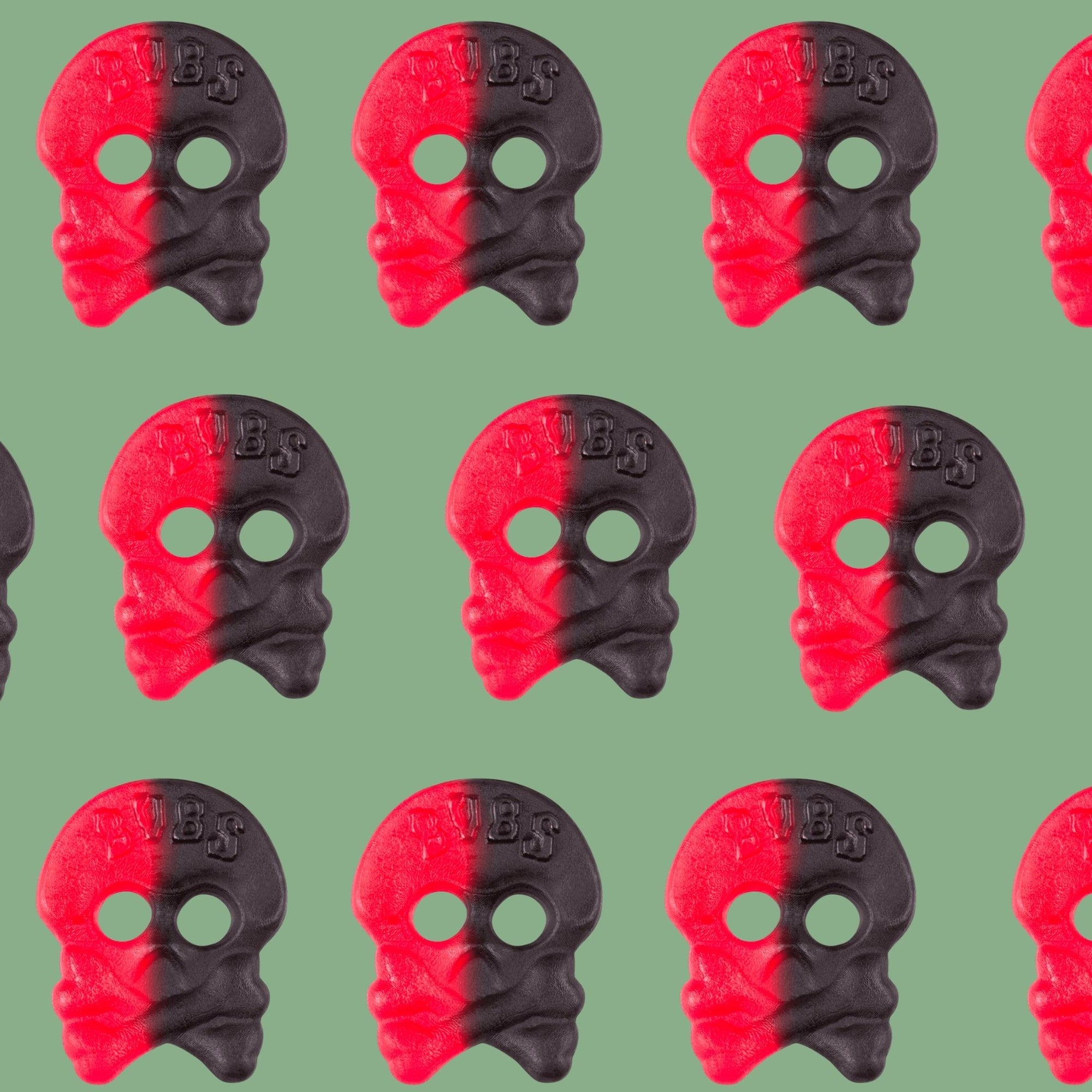 Pattern of red and black masks with 'BUBS' branding on a green background