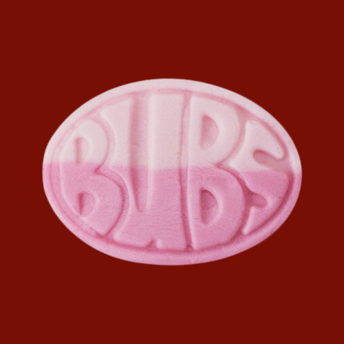Pink oval object with 'BUBS' branding on a red background