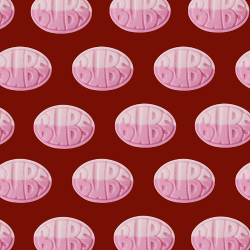 Pattern of pink 'Bubs' candies on a red background