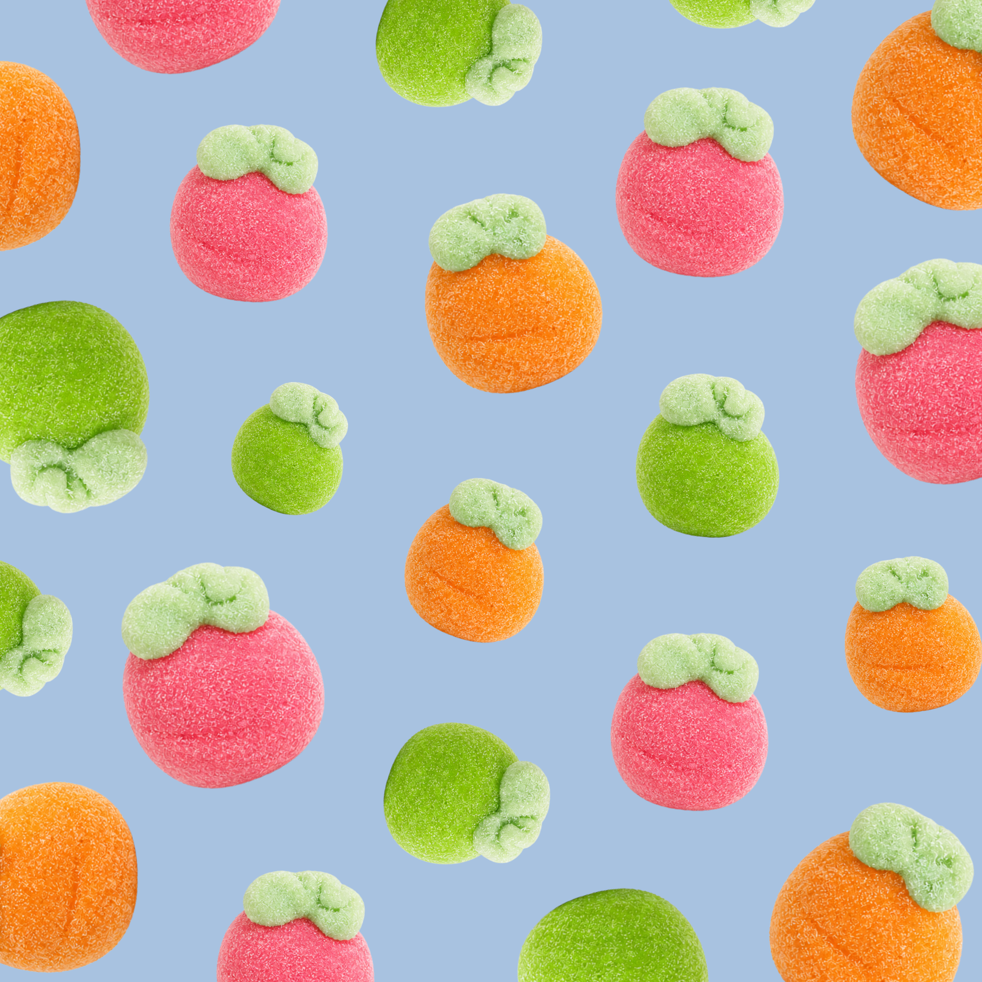 Pattern of colorful gummy candies resembling fruits on a blue background