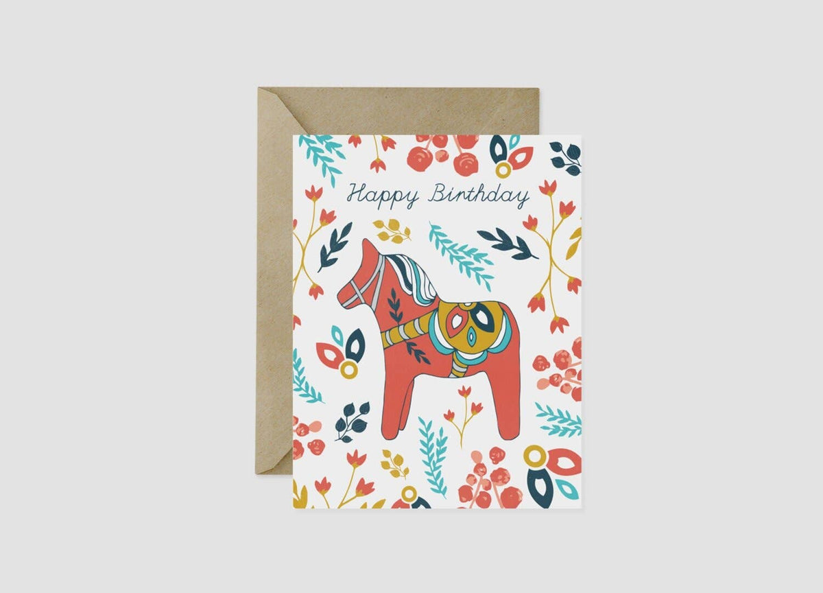 Happy Birthday Dala Horse Red A2 Greeting Card