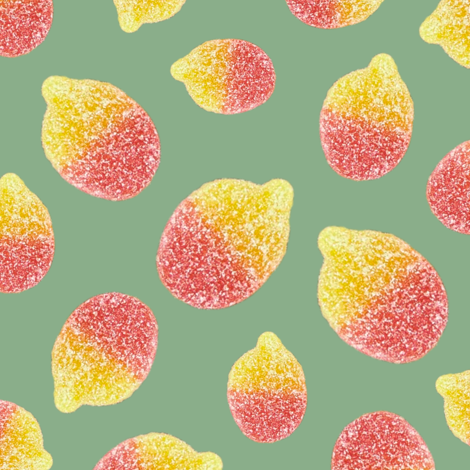 Pattern of colorful lemon-shaped gummy candies on a green background