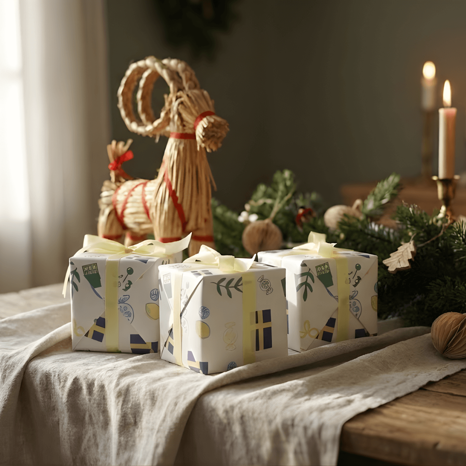 Three of the lilla swedish gift box on a table with a decorative deer and Christmas decorations in the background.