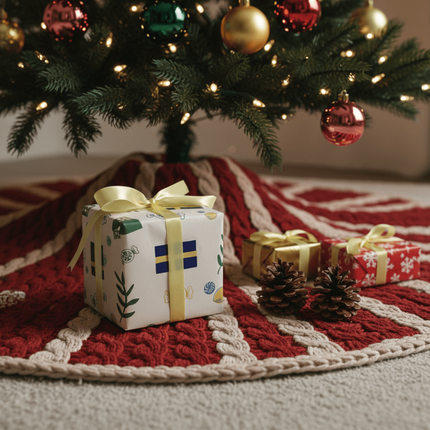 Lilla swedish Gift box  under a Christmas tree with decorative ribbons and ornaments on a red and white patterned rug.