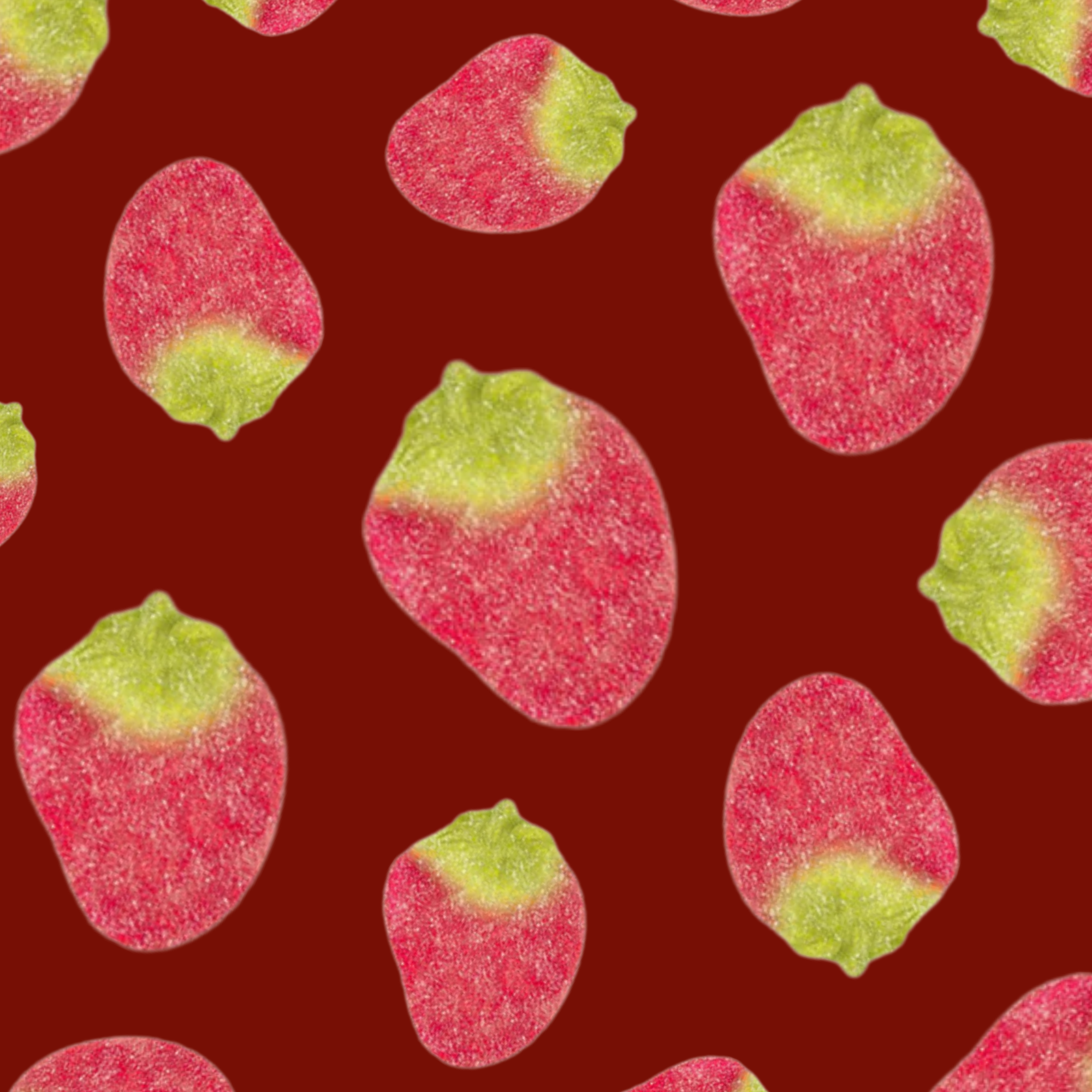 Pattern of red and green gummy candies on a red background
