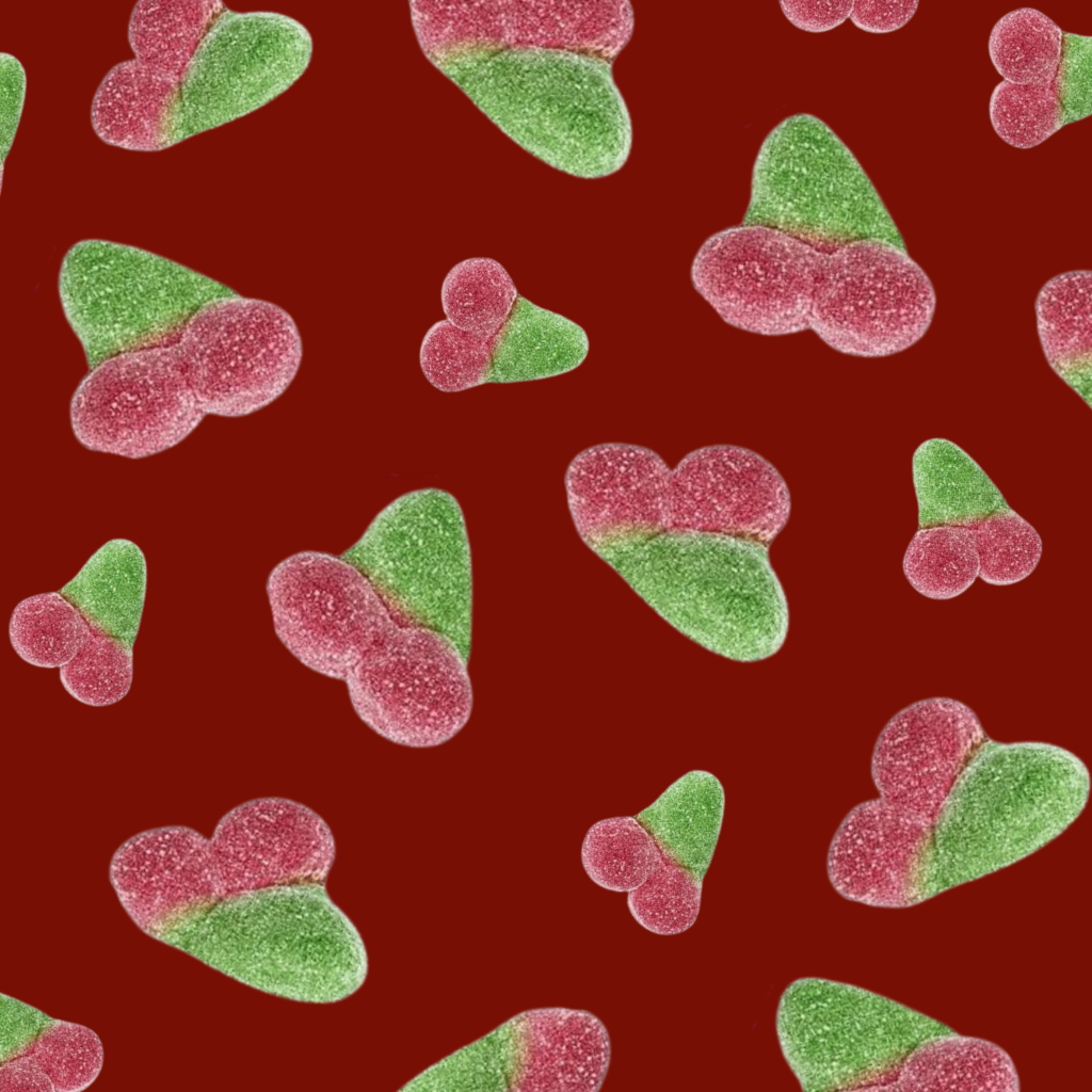 Illustration of a blue lollipop and yellow lemon with seeds on a light green border