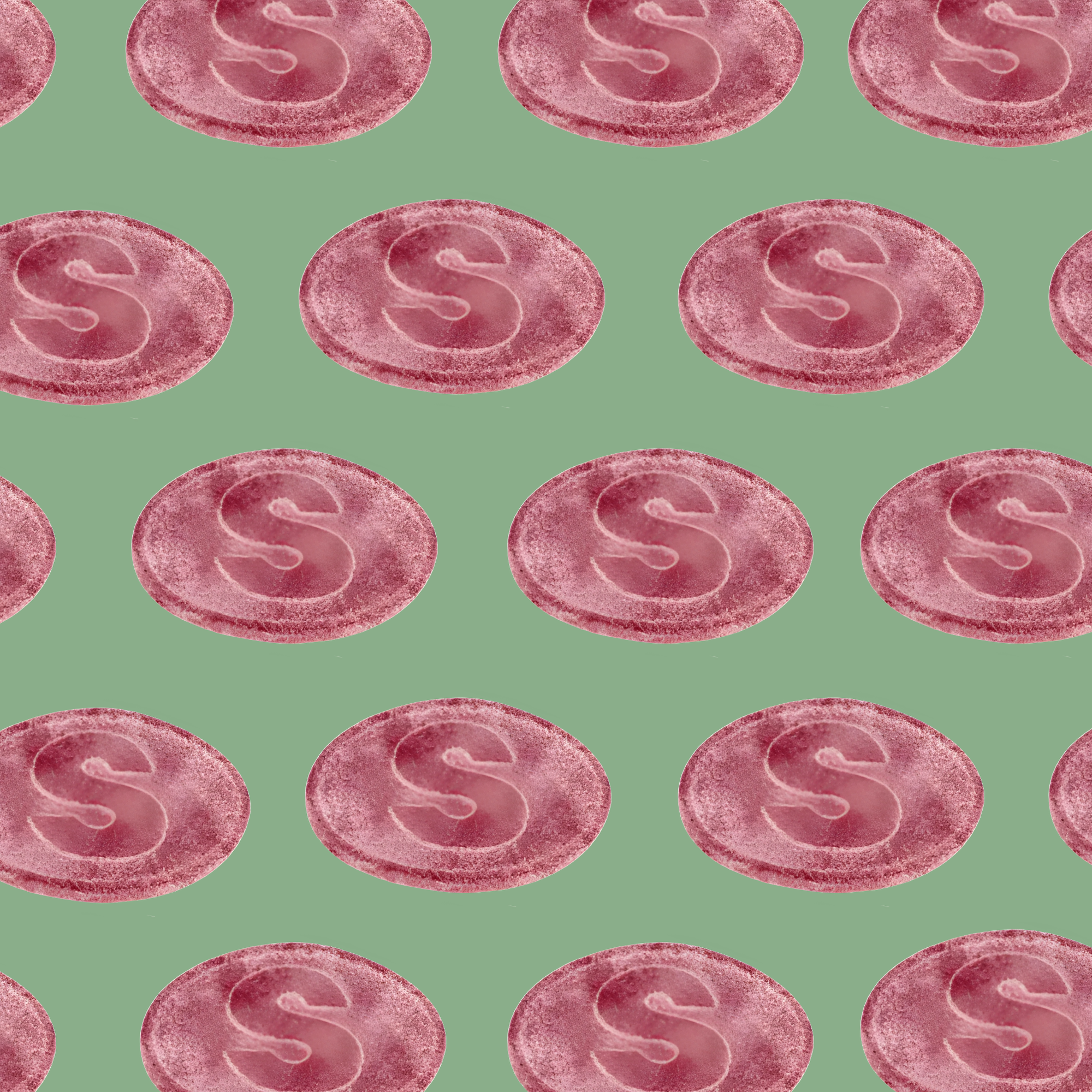 Pattern of pink 'S' letters on a green background