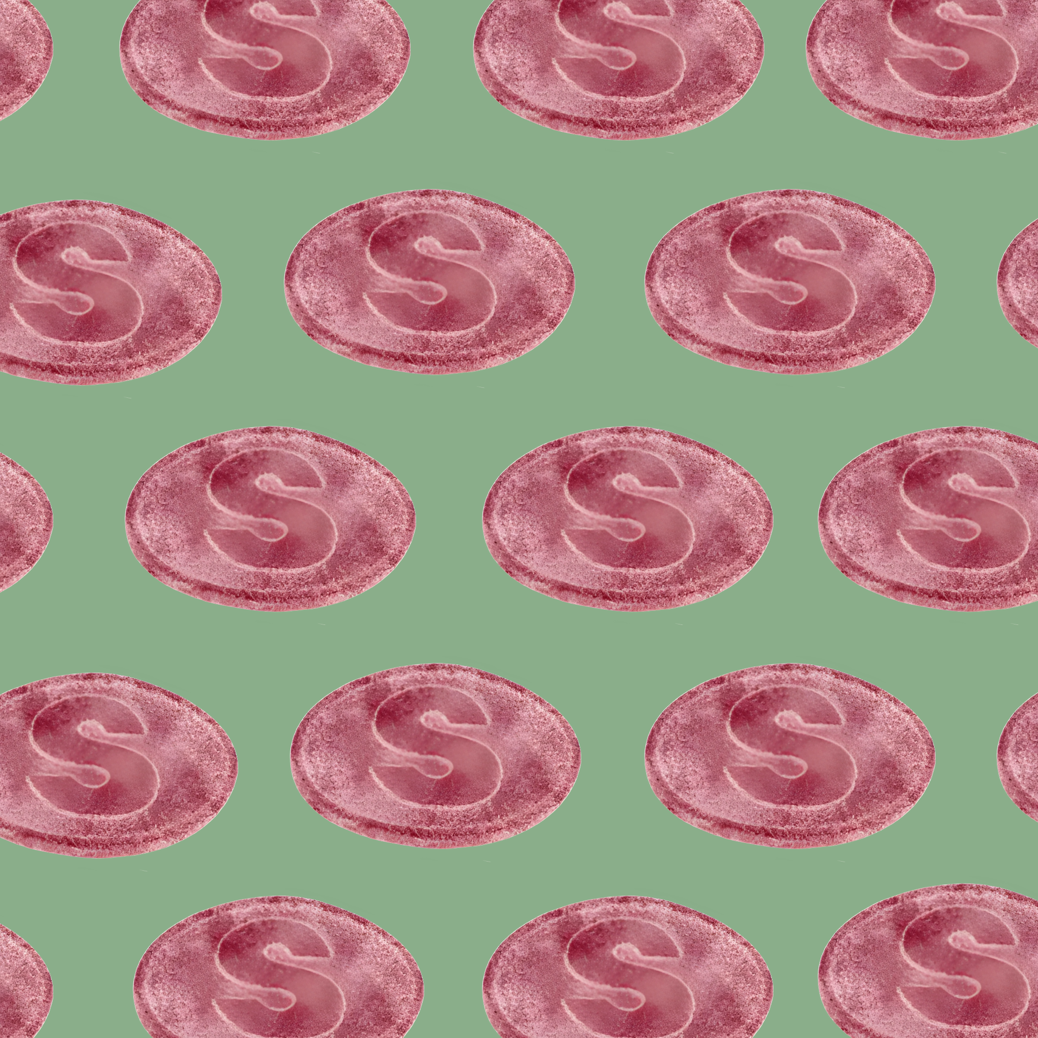 Pattern of pink 'S' letters on a green background