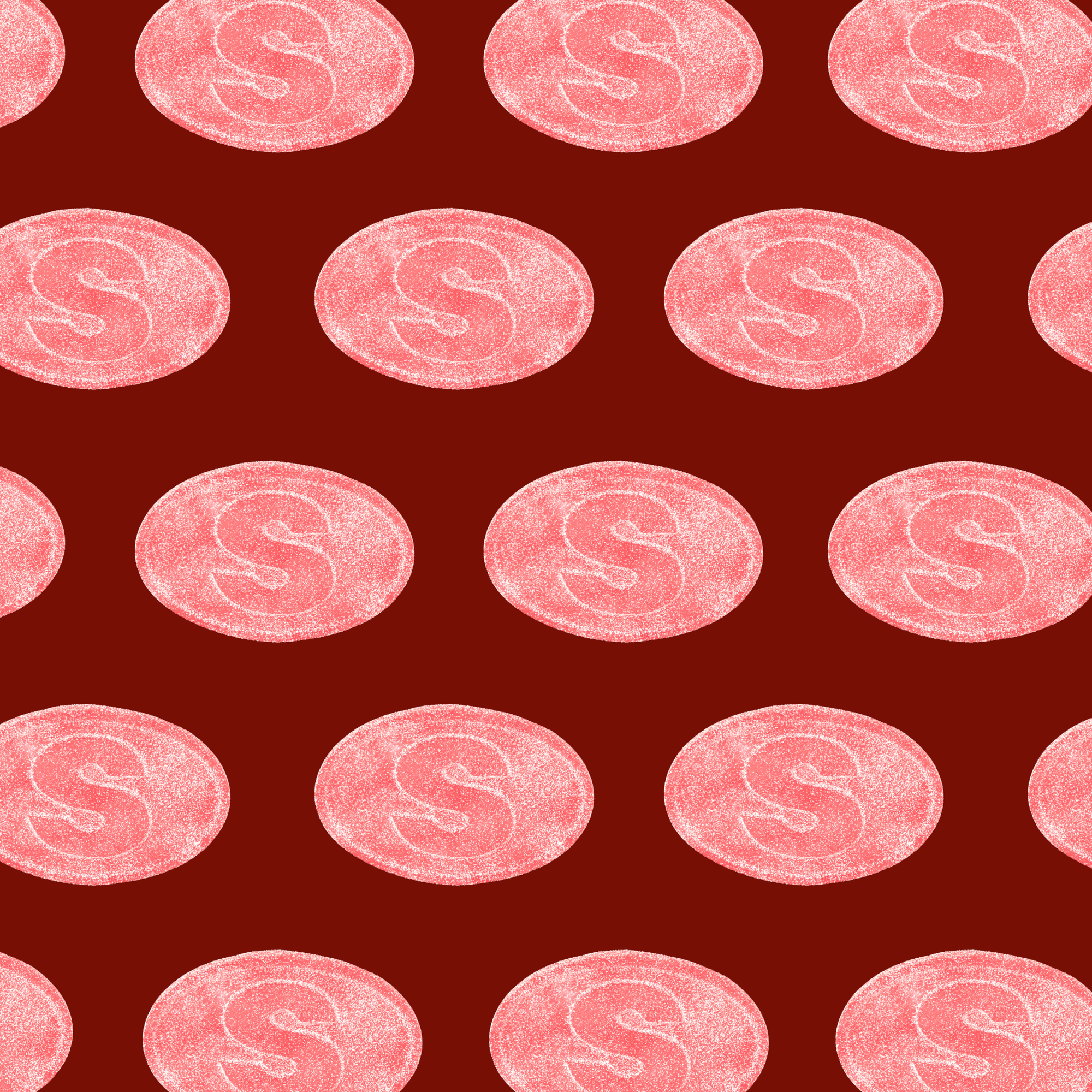 Pattern of red oval candies with 'S' on a red background