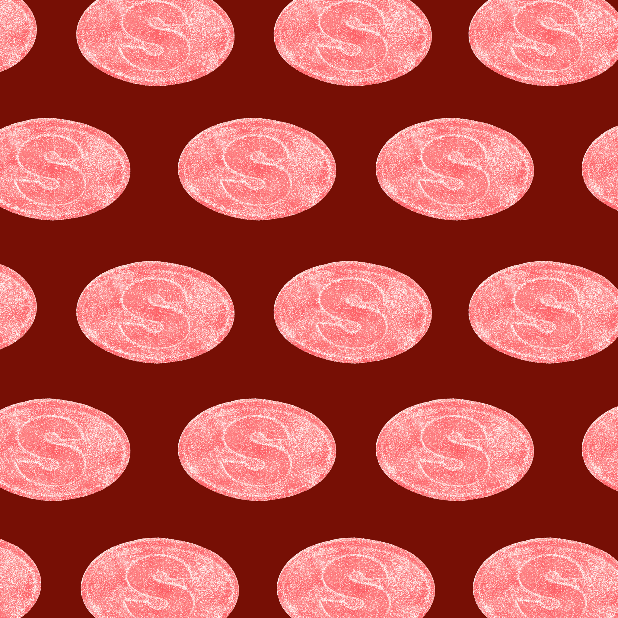 Pattern of red oval candies with 'S' on a red background