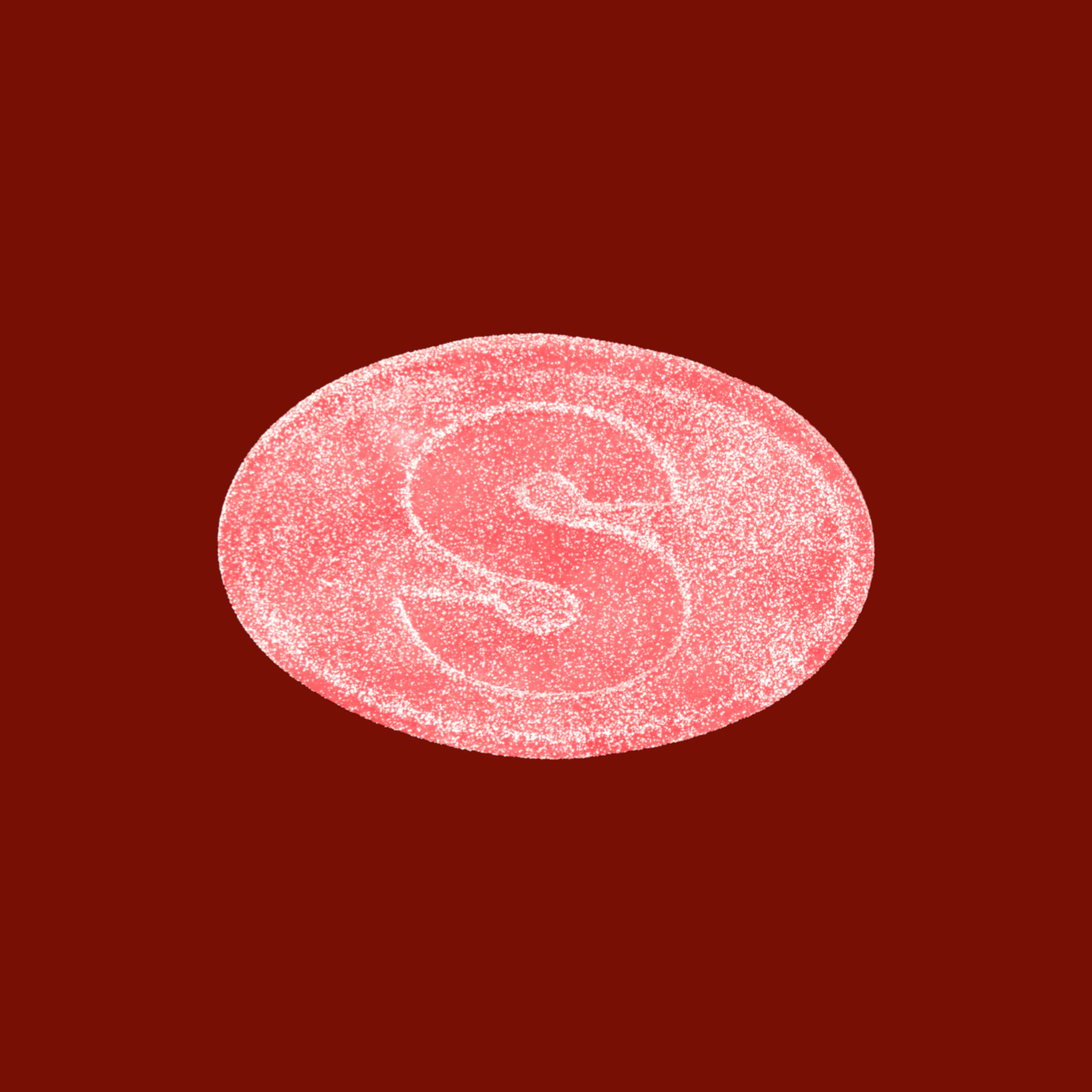 Pink candy with a letter 'S' on a red background