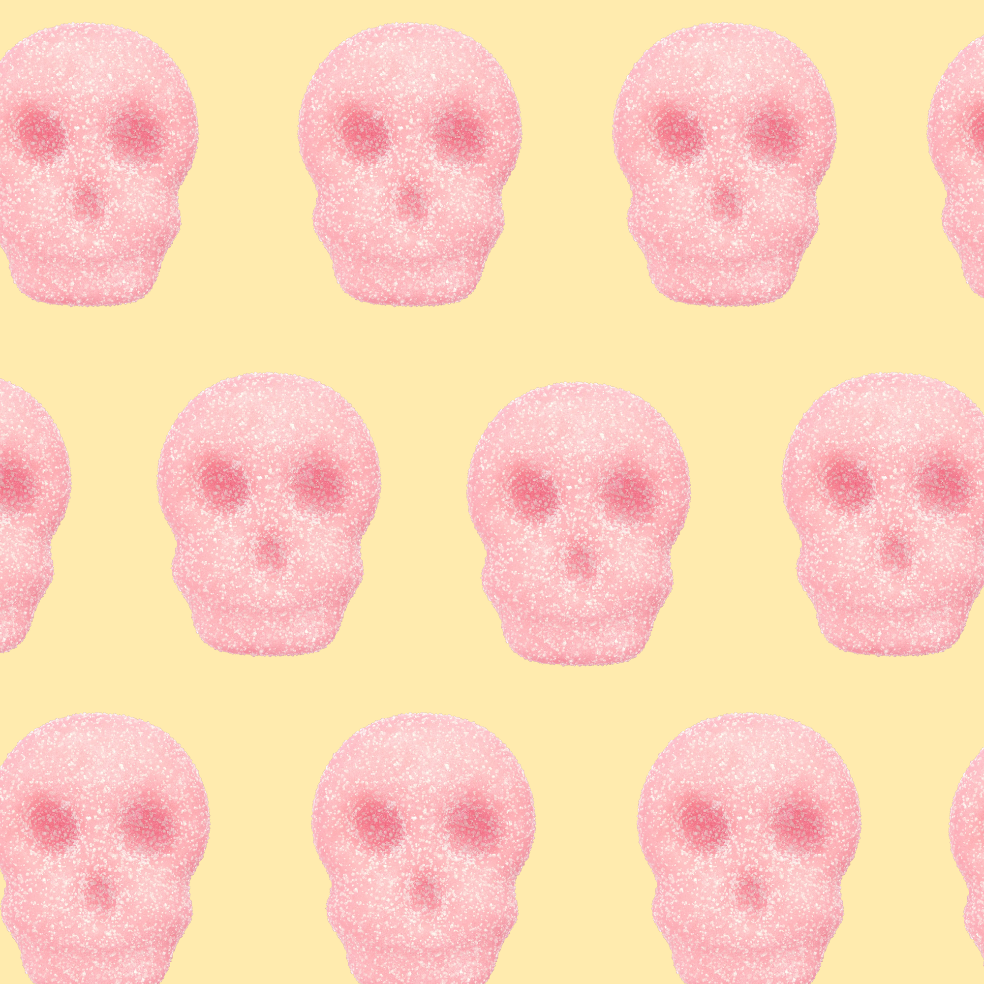 Pattern of pink skulls on a yellow background