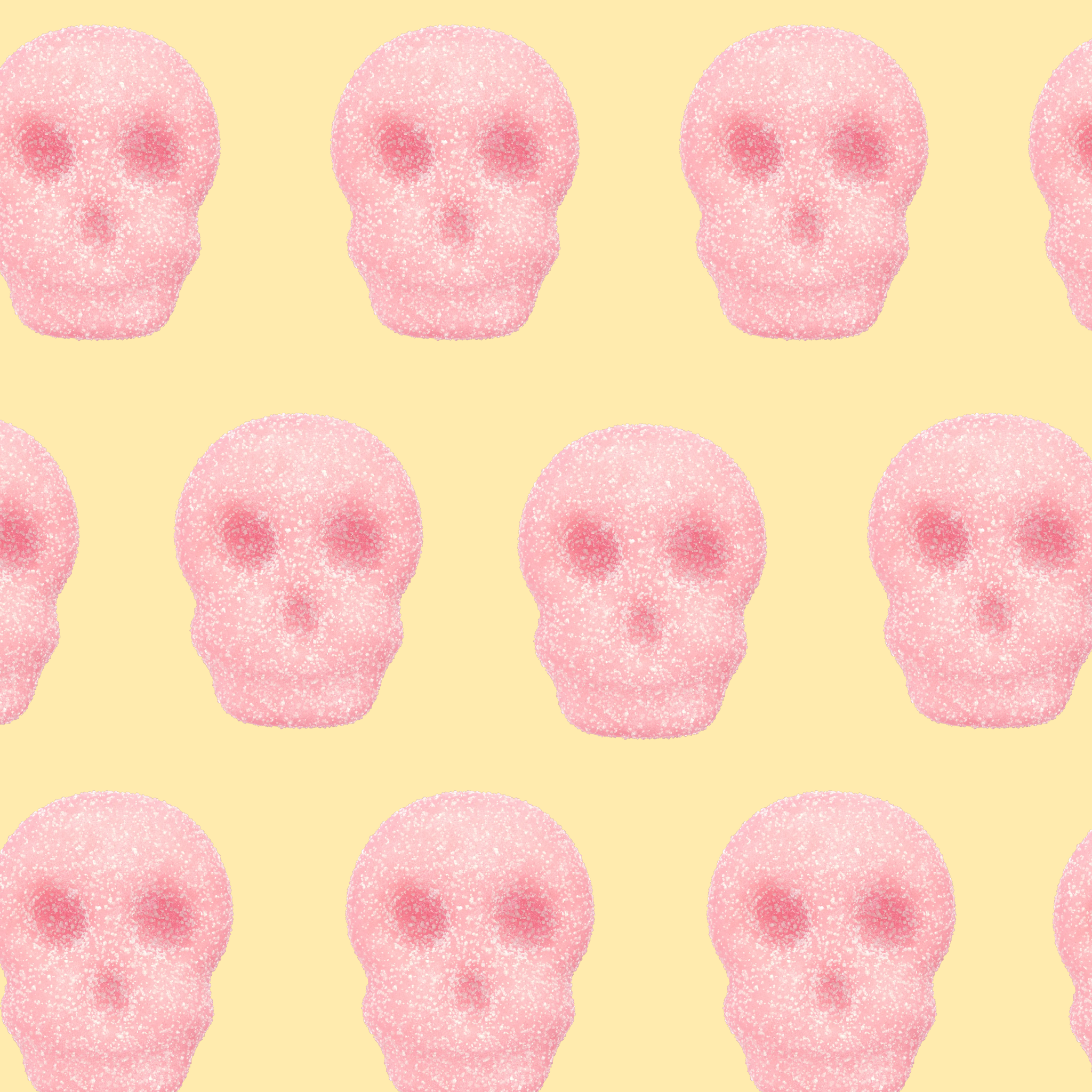 Pattern of pink skulls on a yellow background