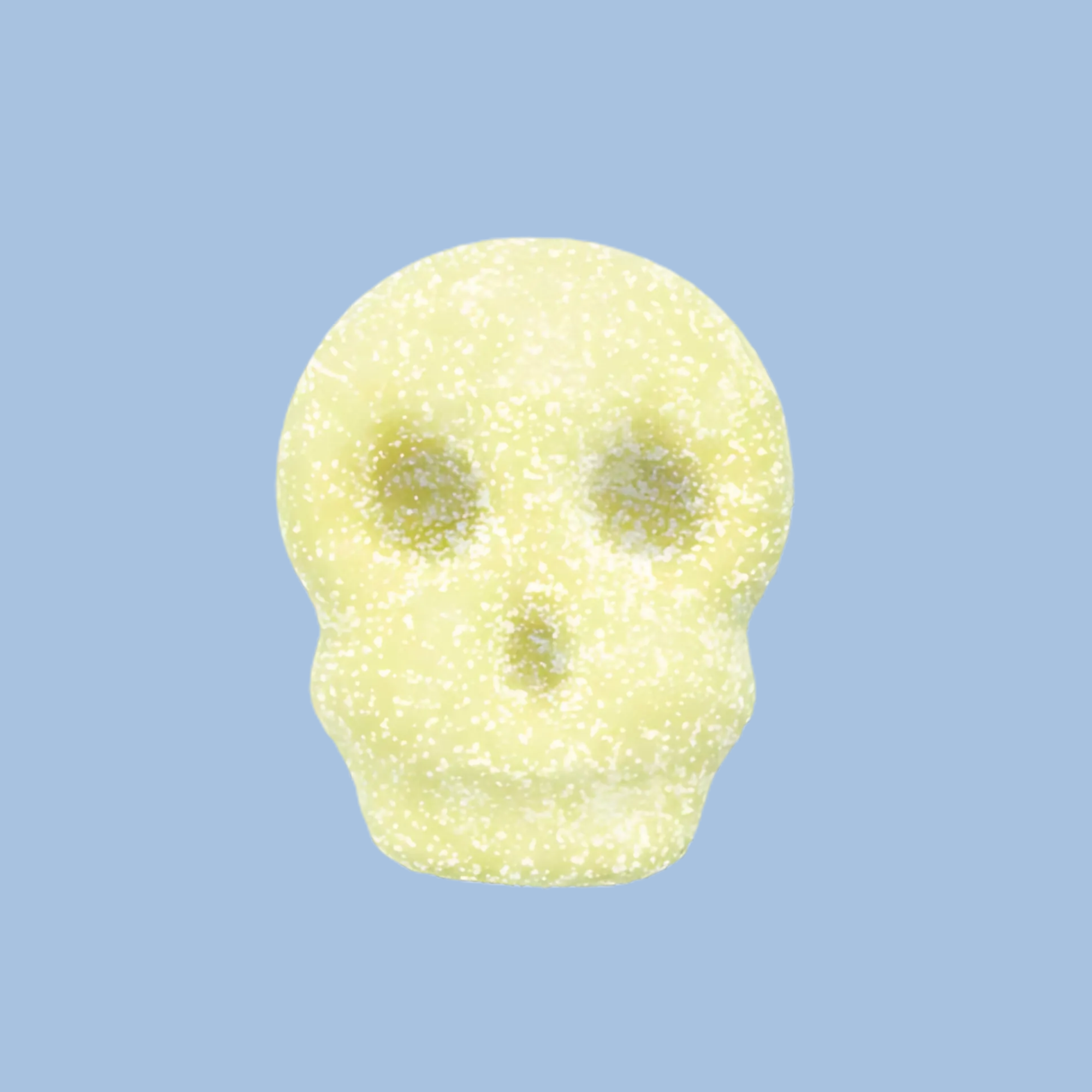 Skull-shaped object with a textured surface on a light blue background