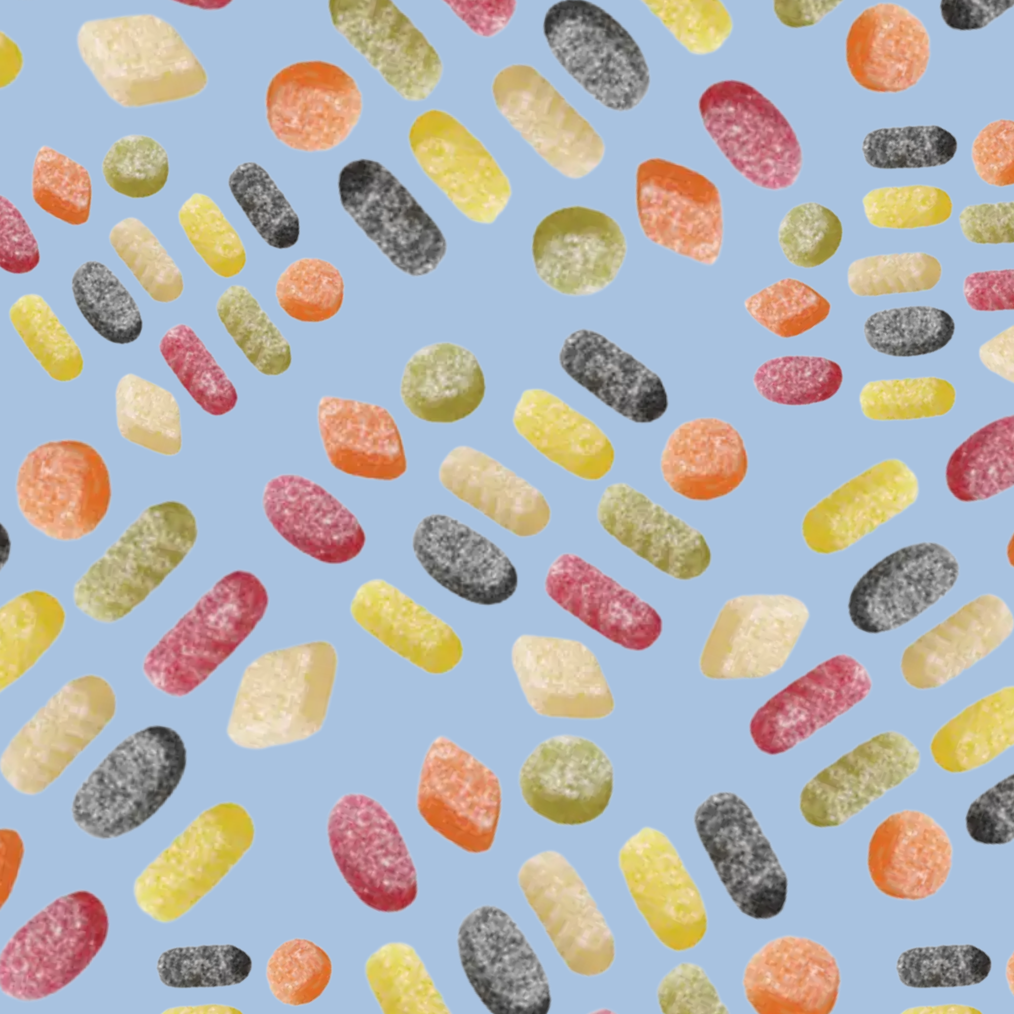 Pattern of colorful jelly beans on a blue background